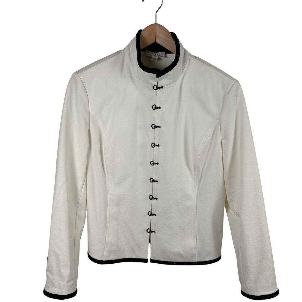 St John Sport Jacket L White Black Velvet Trim Studded Blazer Career Old Money